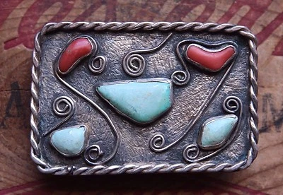 Hebilla de cinturón occidental vintage de plata esterlina hecha a mano imitación turquesa coral Foto 1 de 3
