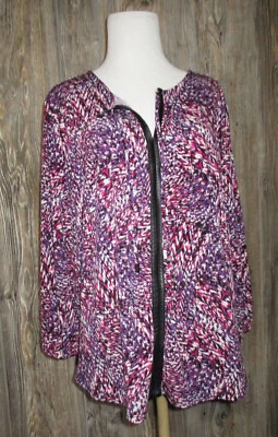 Top de trabajo Liz Claiborne para mujer talla XL largo Slv cuello corbata negro púrpura estampado magenta Foto 1 de 4