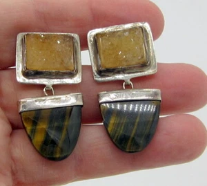 Pendientes colgantes vintage firmados a mano de plata esterlina ojo de tigre cuarzo - Imagen 1 de 4