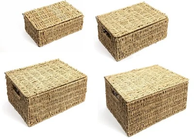 Small/Medium/Large Woven Seagrass Storage Basket With Lid & Handle Gift Hamper - Image 1 of 4