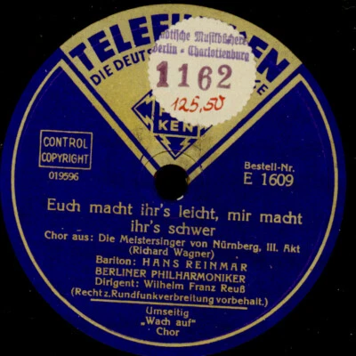 HANS REINMAR & CHOR STÄDT. OPER BERLIN   Chor aus "Meistersinger"Schellack G4443 - Bild 1 von 2