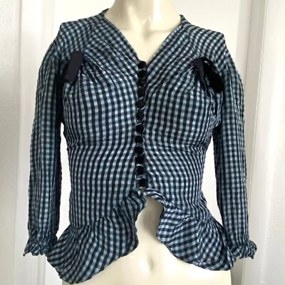 Vintage 1930s Blue Gingham Blouse Ruffle Bows Art Deco Shirt Dress Top - Image 1 of 4