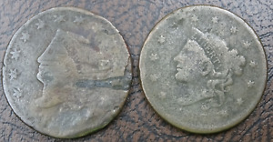 (2) 1830s Large Cent Copper US Mint Coins 1C Damaged Cull