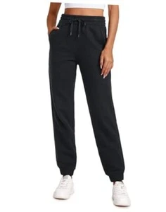 Cotton Fleece Lined Sweatpants Women High Waisted Warm Casual Medium Black - Picture 1 of 7
