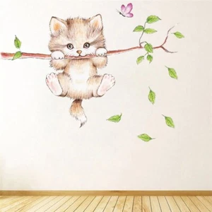 Cute Cat Tree Branch Wall Stickers Kids Rooms Home Decor Cartoon Animal Decals - Picture 1 of 6