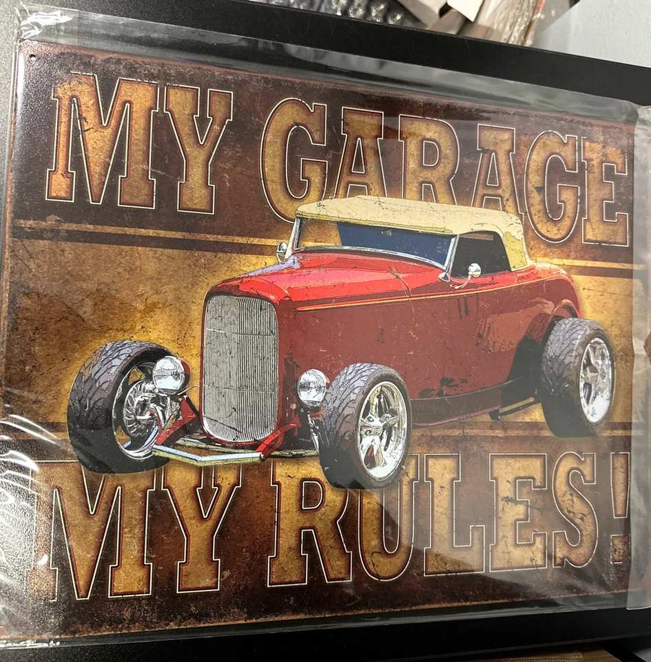 Placa de lata My Garage - My Rules - 16"L x 12-1/2"H, feita nos EUA #DE-1761 - Imagem 1 de 1