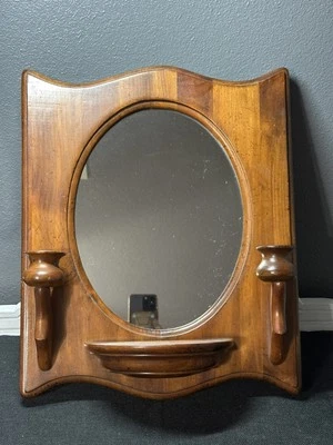 Vintage 18”x14.5” Wood Hanging Mirror/4” Shelf  With Double Candle Holders - Image 1 of 2