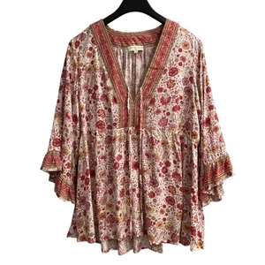 Cynthia Rowley Top Womens 1X Pink Floral Tie V Neck Tunic Boho Hippie Peasant - Picture 1 of 9