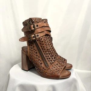 Botas Freebird Mujer Botín Theresa Tacón Punta Abierta Tirantes Sandalia Cremallera Talla 9 Tostado - Imagen 1 de 9