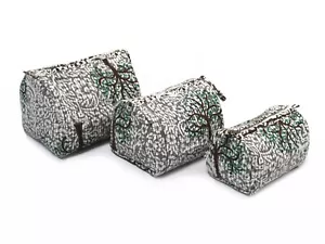 3 Pc Set Hand Block Printed Cotton Quilted Toiletry Purse Cosmetic Storage Bag - Picture 1 of 10