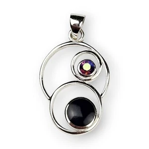 Circles Sterling Pendant Black Onyx Aurora Borealis Crystal Rhodium Plate 925 1" - Picture 1 of 12