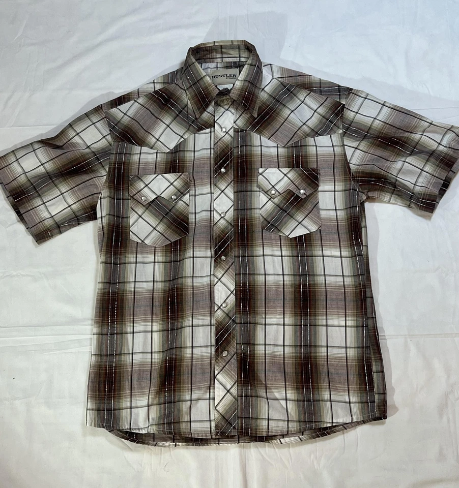 Camisa Rustler Wrangler De Colección Para Hombres Mediana Cuadros Perla Occidental A Presión Metálica Años 90 Foto 1 de 4