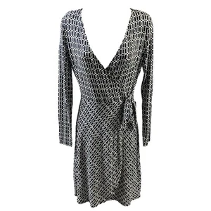 Cynthia Rowley Dress Blue White Faux Wrap Ties Long Sleeves V-Neckline XS NEW - Picture 1 of 7