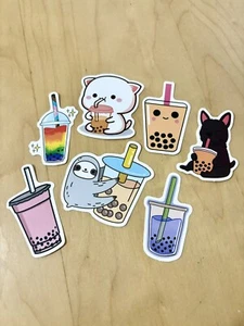 7 PCS Bubble Tea Boba Sticker Love Milk Tea Cartoon Cute Cat Sloth Dog Kitty USA - Picture 1 of 2
