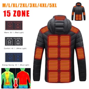 15 Heating Zone Winter Warmer Electric Heated Jacket Warm Up Heating Hooded Coat - Picture 1 of 29