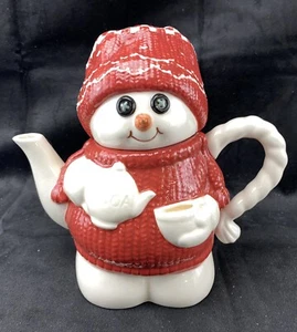 Vtg Department 56 Snowman Billy Buttons Hot Cocoa Coffee Pot Red White Snowman - Picture 1 of 9