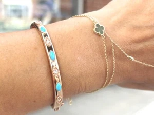 14K Rose Gold Alternate Diamond & Turquoise Bangle Bracelet 0.11 Carats - Picture 1 of 12