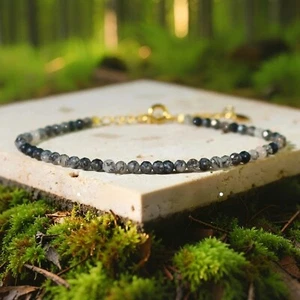 Minimalist Tourmaline Rutilated Quartz 2mm Crystal Chakra Dainty Bracelet Gift - Picture 1 of 3