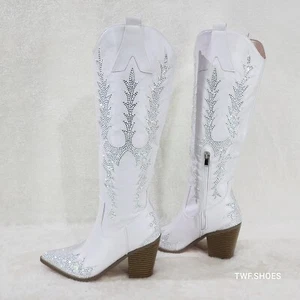 Rodeo Flash White Matte Rhinestone Western Knee High Cowgirl Boots - Picture 1 of 8