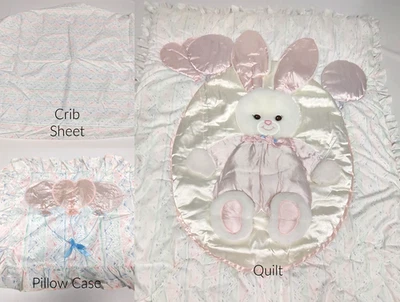 Винтажный ягнят и плюща кролика воздушные шары Appliqué сердца кроватки лоскутное одеяло простыня ~ синий розовый белый - Изображение 1 из 4