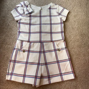 Janie and Jack Romper Girls 4 White Red Blue Plaid Cut Out Shortall 4th of July - Picture 1 of 11