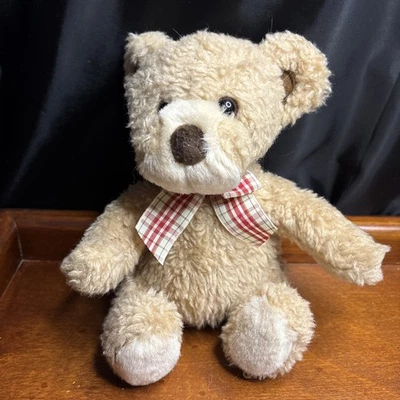 Gund Shorty #2432 Brown 7” Teddy Bear with Plaid Bow Stuffed Animal Toy Vintage - Image 1 of 4