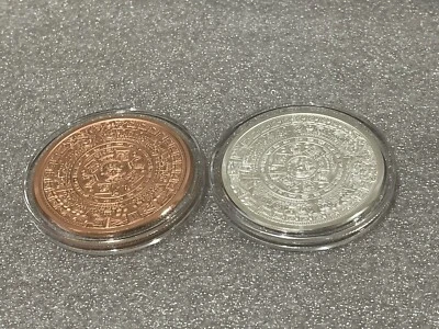 MIX LOT of 2 x 5 oz FINE SILVER & COPPER Aztec Calendar Rounds IN CAPSULE - Image 1 of 4