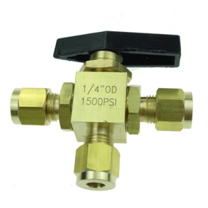 Brass 3 way Ball Valve 1500 psi L Type 1/4" Compression Fitting Panel Mount - Picture 1 of 2
