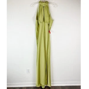 Vestido Mac Duggal Nuevo sin Etiquetas Cerradura Corbata Halter Cuello Satinado Columna Verde Manzana Talla 14 - Imagen 1 de 8