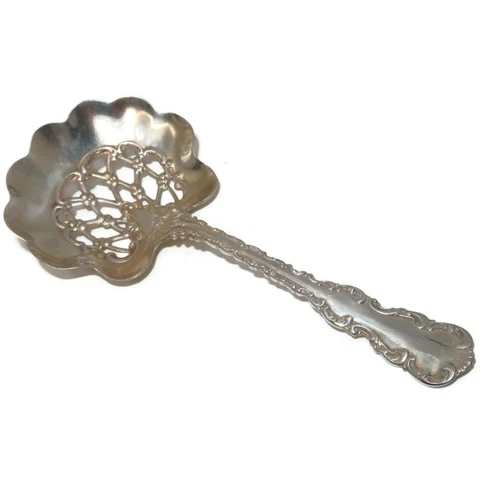 Whiting Louis XV Sterling Silver Solid Bon Bon Spoon w/Pierced Bowl, 4 1/2" Cover