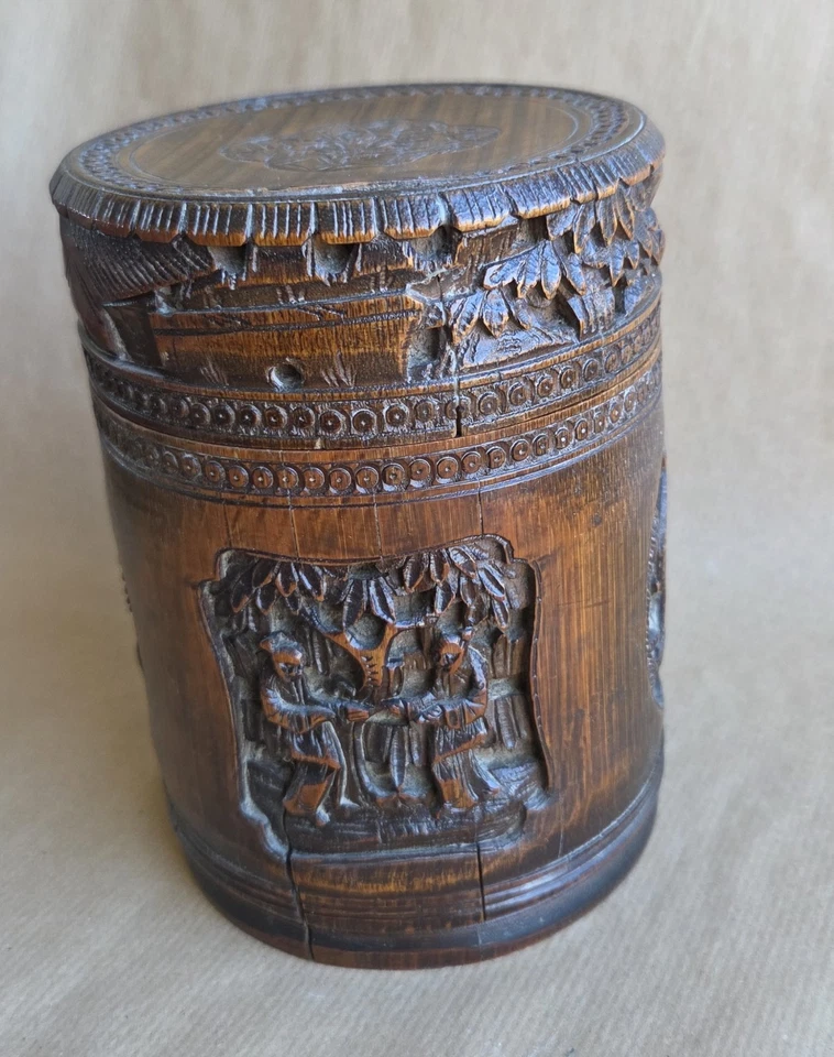 Ancien Pot couvert à thé en bambou sculpté chine vers 1900-10 - Photo 1/4