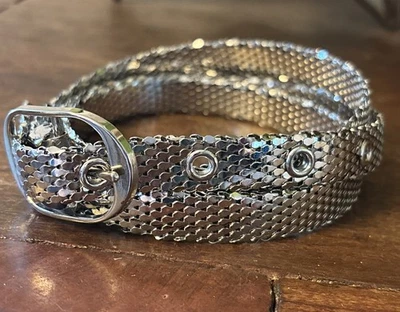 "Cinturón de malla de cadena de metal flexible plateado delgado Oromesh vintage se adapta a 31-35""" Foto 1 de 4