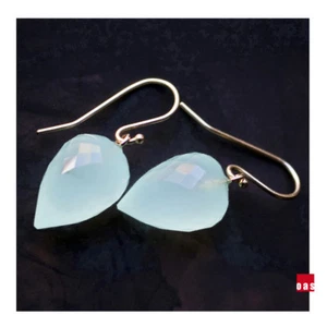 Pure 18k or 14k Gold Pale Aqua Blue Chalcedony Drop Earrings - Picture 1 of 10