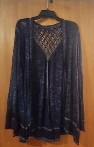 Olivia Sky Navy Acid Wash Cardigan, 2x, Lattice Back, Gently Used - Picture 1 of 2