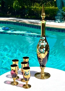 Vintage Italian Murano hand blown Purple Gold 24K Decanter Set and 5 Glasses EUC - Picture 1 of 23
