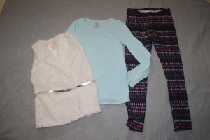 Girls 3 PC SET Aqua L/S Shirt IVORY FAUX FUR VEST Navy Printed Leggings XS 4-5 - Picture 1 of 2