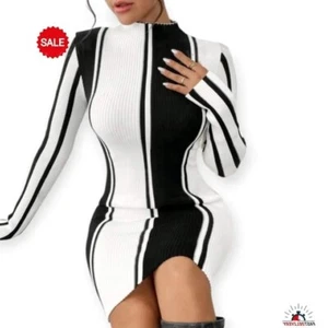 Women's Elegant Striped Pattern Mock Neck Sweater Dress Medium NEW FREE P&P  - Picture 1 of 2