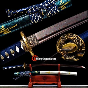 Espada de Batalla Funcional Samurai Japonés Katana de Acero Plegada Damasco Azul y Roja - Imagen 1 de 10