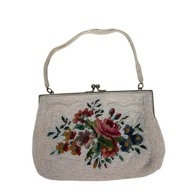 Vintage Floral Beaded Handbag Evening Bag White Pink Bridal Wedding Japan Made - Image 1 of 4