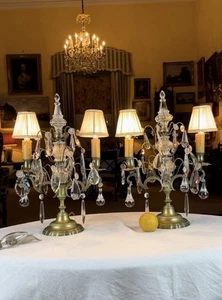 Pair C19th French Crystal & Amethyst Drop 2 Arm Brass Electrified Table Lamps - Picture 1 of 14