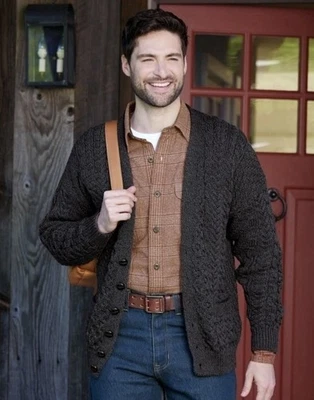 ORVIS Fisherman Brown Cable Chunky Knit Cardigan sz L Irish Wool Aran Sweater - Image 1 of 4