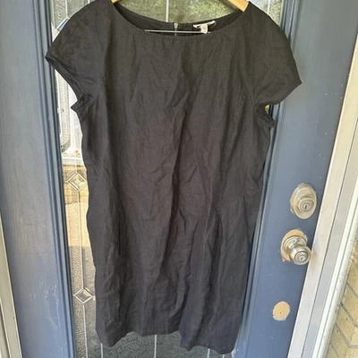 Vestido Eileen Fisher Orgánico Lino Negro Bolsillos Cuadrados Suelto Midi Manga Corta Foto 1 de 4