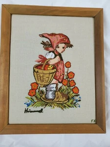 Bordado Hummel enmarcado vintage - Niña con cesta - Cosido en lino - Imagen 1 de 6