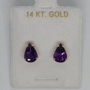 14K Yellow Gold Pear Amethyst Earrings 10mm x 7mm Approx 3.5-4 Carats Total - Picture 1 of 12