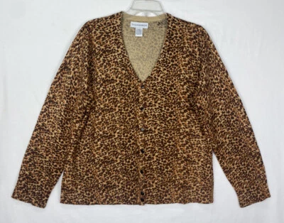 Sag Harbor Large Leopard Cardigan Brown Top Acrylic Soft Sweater EUC #22L - Image 1 of 4