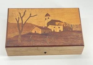 Vintage Inlaid Wood Box Farm Scene Hinged Lid Trinket Dresser Desk - Picture 1 of 6