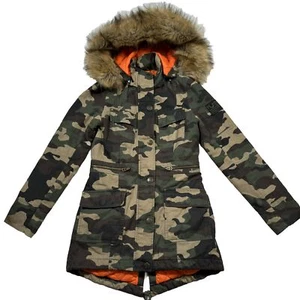 True Religion Jacket Camouflage Camo Faux Fur Removable Hood Orange Lining Sz S - Picture 1 of 14