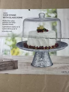 New In Box Oasis Galvanized Cake Stand with Glass Dome Centerpiece Display - Picture 1 of 14