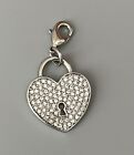 Signed C2 Silver Tone Heart Lock-Clear Pave Rhinestones-Charm Lobster Clasp 1”
