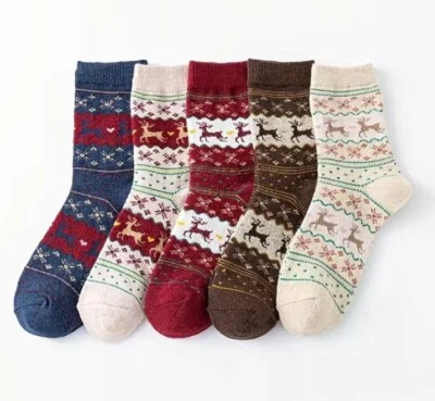5 Pair Warm Wool Blend Christmas Elk Socks - Colorful Stylish Fireside Foto 1 de 4